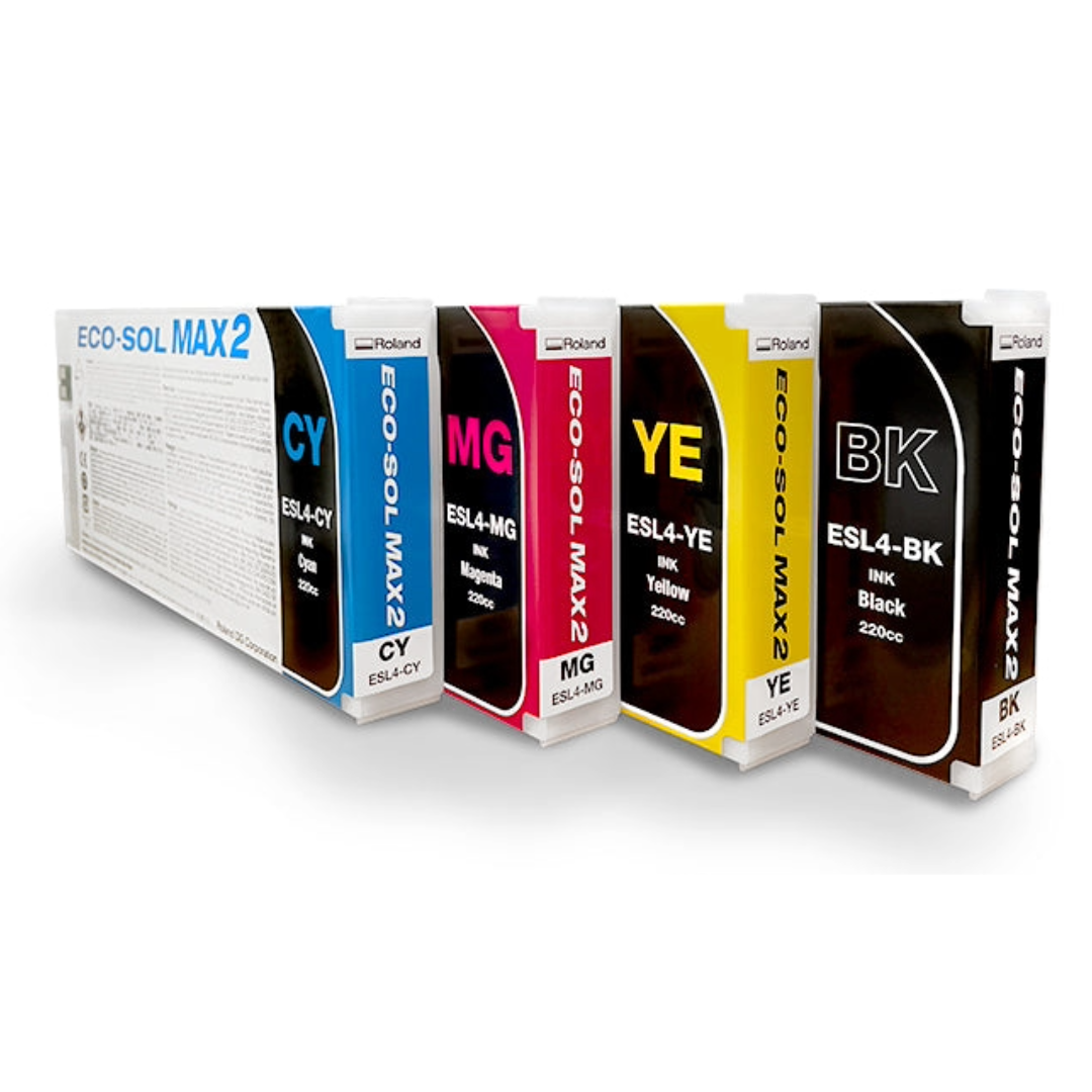 Roland ECO-SOL MAX 2 Cyan, Magenta, Yellow and Black 220 ml cartridges on a white background